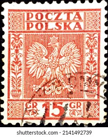 Poland, circa 1928: Postage stamp from the Coat of Arms of Poland series showing Eagle Arms.