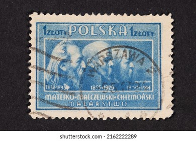 Poland, Circa 1947 :  Polish Post Stamp From Series Polish Culture. The Stamp Shows The Likenesses Of Jan Matejko, Jacek Malczewski, Józef Chełmoński