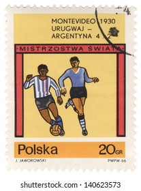 POLAND - CIRCA 1966: A Post Stamp Printed In Poland Devoted To The FIFA World Cup, Montevideo, 1930, Shows Uruguay-Argentina Match, Circa 1966