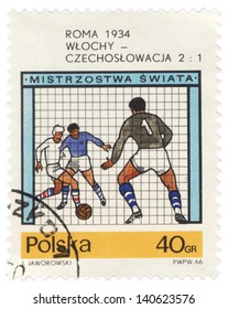 POLAND - CIRCA 1966: A Post Stamp Printed In Poland Devoted To The FIFA World Cup, Rome, 1934, Shows The Match Italy-Czechoslovakia, Circa 1966