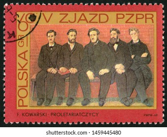 POLAND - CIRCA 1968: Post Stamp Printed In Polska Shows Party Members By F. Kowarski; Five Men Sitting On Bench; 5th Congress Of Polish United Workers Party; V Zjazd PZPR; Scott 1627 A500 60g Red Yell