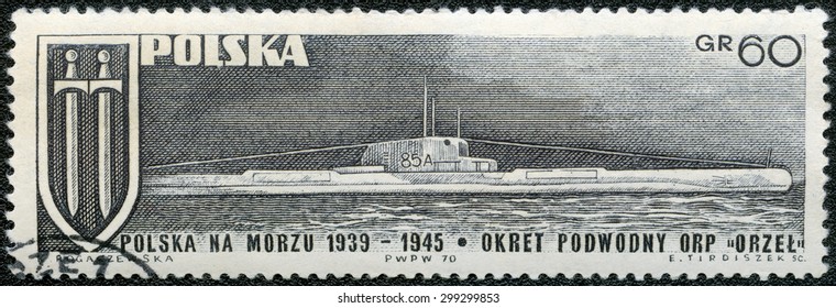 POLAND - CIRCA 1970: A stamp printed in Poland shows submarine Orzel Eagle, circa 1970