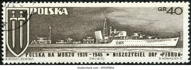 POLAND - CIRCA 1970: A stamp printed in Poland shows Grunwald Cross and Warship Piorun Thunderbolt, circa 1970