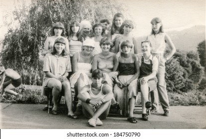 POLAND, CIRCA 1970's: Vintage Photo Of Group Of  Young Girls And Teachers Posing Together  During A Summer Camp