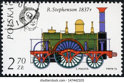 POLAND - CIRCA 1976: A stamp printed in Poland shows a Robert Stephenson and his locomotive "North Star", 1837, with the same inscription, from series "History of the Railway Locomotive", circa 1976