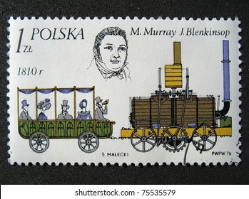POLAND - CIRCA 1976: A stamp printed in the Poland shows Streame locomotive by John Blenkinsop and Matthew Murray , circa 1976