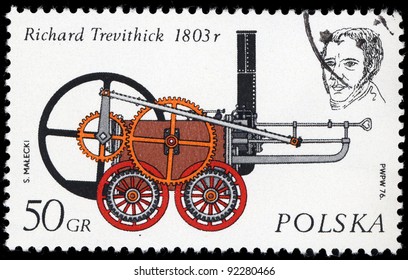 POLAND - CIRCA 1976: A stamp printed in the Poland shows Streame locomotive by Richard Trevithick, circa 1976