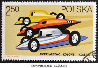 POLAND - CIRCA 1981: A stamp printed in Poland shows radio-controlled racing cars, circa 1981 