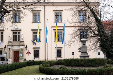 Poland, Cracow, March 06. 2022. Papal And Ukrainian Flag In Poland.