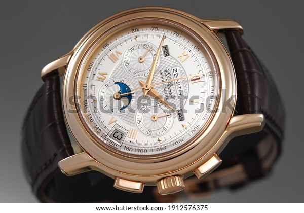 Rzeszów, Poland - February 8, 2021: Zenith El\
Primero Chronomaster. Zenith is one of the most renowned luxury\
watch brands in the\
world.