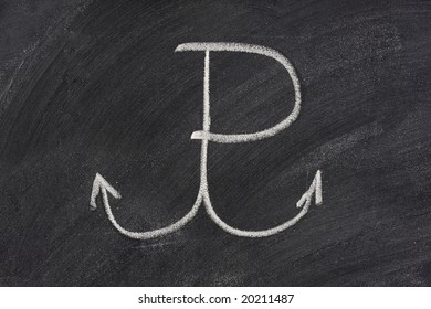 Poland Fights (Polska Walczy) Symbol Of Polish Resistance Movement During World War II, Sketched With White Chalk On Blackboard