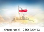 Poland flag wavering on globe with modern building skyline. Flag waving on world map. Poland national flag for independence day.