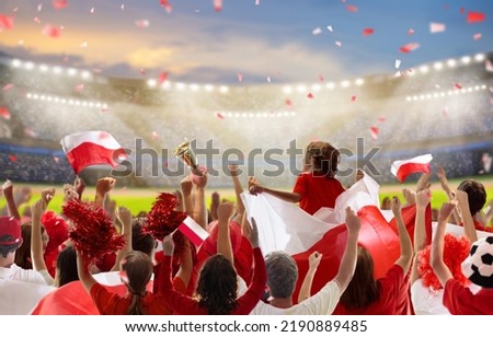 Poland football supporter on stadium. Polish fans on soccer pitch watching team play. Group of supporters with flag and national jersey cheering for Poland. Championship game.