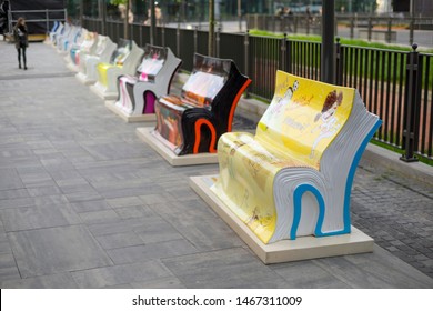 Poland, Gdansk, May 23, 2019: an old Polish cultural center. Art installation - benches for rest in the form of open books
