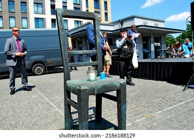 KRAKÓW, POLAND - July 2022. Holocaust Memorial - Ghetto Heroes Square. Art Installation From 2005  - Cast-iron Chairs Reminding Us Of What Was Left After The Liquidation Of The Krakow Ghetto.