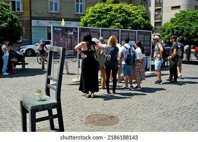 KRAKÓW, POLAND - July 2022. Holocaust Memorial - Ghetto Heroes Square. Art Installation From 2005  - Cast-iron Chairs Reminding Us Of What Was Left After The Liquidation Of The Krakow Ghetto.