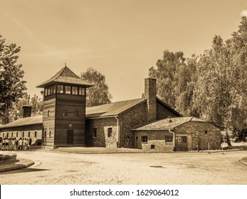 Oświęcim, Poland - June 05, 2019: Panoramic view of Holocaust Memorial Museum. Part of Auschwitz- Birkenau Concentration Camp . Jewish Holocaust Memorial Museum,  extermination camp.