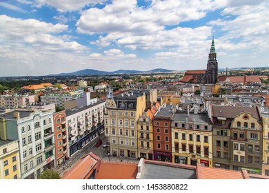 ŚWIDNICA, POLAND - JUNE 6, 2019: View on the Swidnica' market square and cathedral