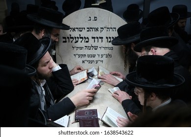 Poland, Lelow- 2 February 2020: Hassidic jews praying during Hasidic holiday of the 206 anniversary of tzadik Dawid Biderman's death