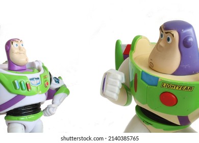 Poland - March 20 2022 Toy Story Toy On A White Background. Buzz Lightyear Figurine