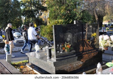 KRAKÓW, POLAND - October 30, 2021. Autumn, Just Before All Saints (All Saints' Day), At The Rakowicki Cemetery (established In 1803) - One Of The Oldest Christian Necropolises In Europe.