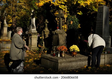 KRAKÓW, POLAND - October 30, 2021. Autumn, Just Before All Saints (All Saints' Day), At The Rakowicki Cemetery (established In 1803) - One Of The Oldest Christian Necropolises In Europe.