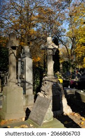 KRAKÓW, POLAND - October 30, 2021. Autumn, Just Before All Saints (All Saints' Day), At The Rakowicki Cemetery (established In 1803) - One Of The Oldest Christian Necropolises In Europe.