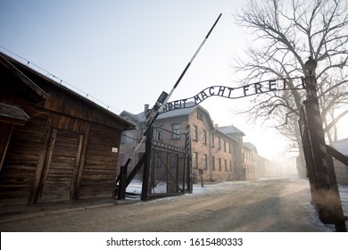 POLAND, OSWIECIM, AUSCHWITZ- 27 January 2017: the gate of death Arbeit Macht Frei in Auschwitz- Birkenau concentration camp
