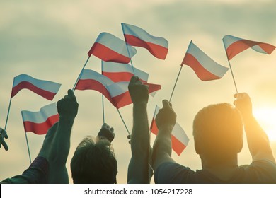 Poland Patriots, Back View. People Raising Polish Flags Up To The Sky.