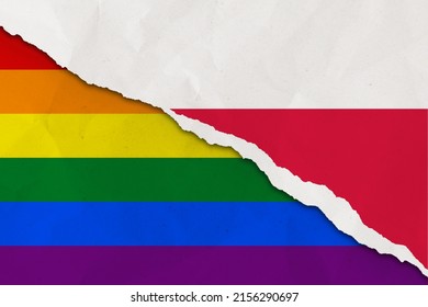 Poland And Rainbow Flag Ripped Paper Grunge Background. Concept Of Conflict And LGBT Rights. Poland Vs LGBT Community Metaphor. Tension And Crisis For Civil Right And Gay Pride