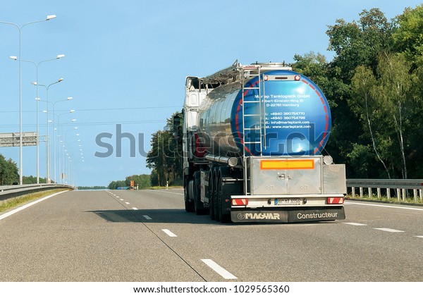 Poland - September 3, 2016: Tanker storage truck\
on the road in Poland