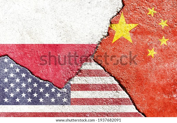 Poland vs China vs USA national flags icon\
grunge pattern on broken weathered cracked wall background,\
abstract Poland China US country politics relationship divided\
conflict concept texture\
wallpaper