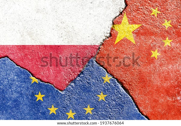 Poland VS EU VS China national flags icon on\
broken weathered cracked wall background, abstract Poland Europe\
China politics friendship relationship conflicts concept pattern\
texture wallpaper