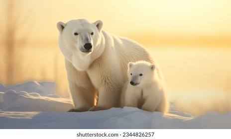 polar bear family, mother and baby together relax on snow. clean and bright white snowfield background with golden sun light. 