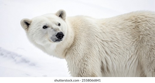 A polar bear looks back while standing in snow.