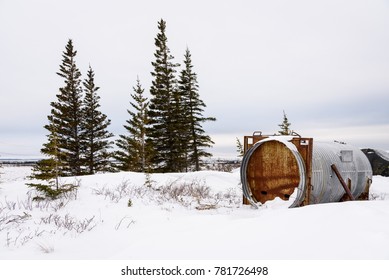 Polar Bear Trap In The Snow Of Churchill, Manitoba, Canada
