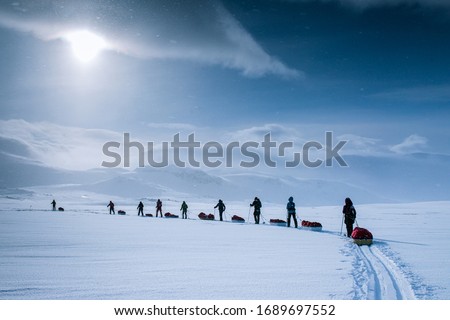 Polar expedition in Finse, Norway. Cross-country skiing across the Hardangervidda.  