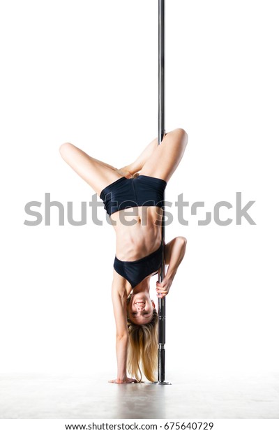 Pole Dance Girl Exercising Posing Upside Stock Photo Edit Now 675640729