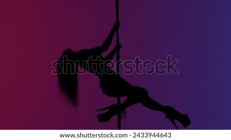 Pole dance performance by sexy young female in studio.