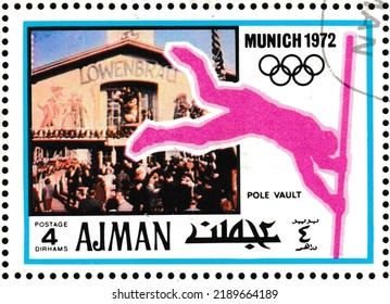 Löwenbräu Pole Marquee, Pole Vault - Ajman, Circa 1971: Summer Olympics 1972 Postage Stamp, Munich.