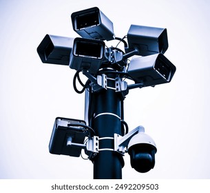a pole with multiple CCTV security cameras attached.