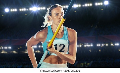 Pole Vault Jumping: Portrait Of Professional Female Athlete On World Championship Running With Pole To Jump Over Bar. Shot Of Competition On Big Stadium With Sports Achievement Experience