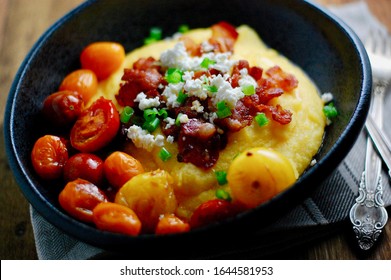 Polenta, Cornmeal With Bacon, Baby Tomatoes And Crumble Cheese, Corn Grits, Lunch, Dinner