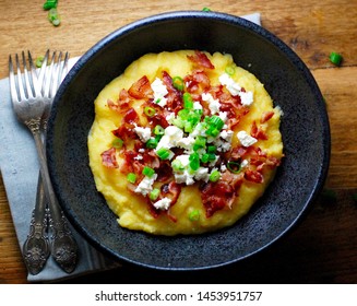 Polenta With Crumble Bacon And Feta Cheese Topped With Green Onion, Italian Food, Corn Grits, Creamy Polenta Dish