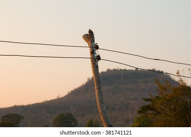 Poles and wires in the field. - Shutterstock ID 381741121