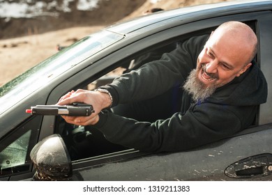 Police Agent And Bodyguard Training Action Gun Shooting From Car. Special Agent Team Weapons Training And Course On Outdoor Shooting Range