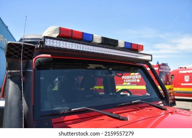 The Police Beacon, Background Of A Wrangler Jeep. Bucharest, Romania 20 May 2022.