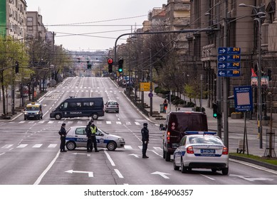 Police Blocked Empty Streets Of Belgrade During City Lockdown Caused By Corona Virus Covid-19 Pandemic. Belgrade, Serbia 05.04.2020