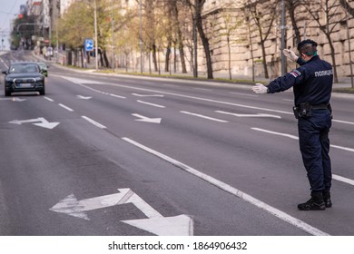 Police Blocked Empty Streets Of Belgrade During City Lockdown Caused By Corona Virus Covid-19 Pandemic. Belgrade, Serbia 05.04.2020