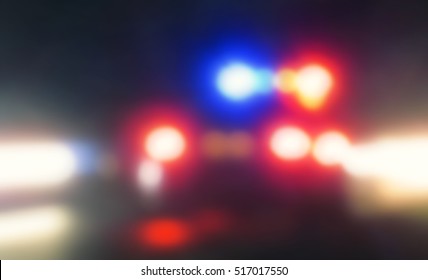 Police Car, Cop Pursuit In Night Blue Red Light             